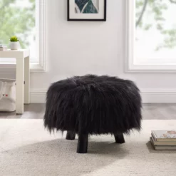 Bailey Black Faux Fur Ottoman Stool -FurniHub Store 810389628 2