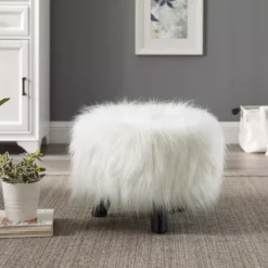Bailey White Faux Fur Ottoman Stool -FurniHub Store 810389629 2