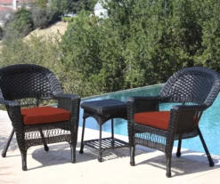 Black 3-Piece Cushioned Patio All-Weather Wicker Chat Set -FurniHub Store 810478427