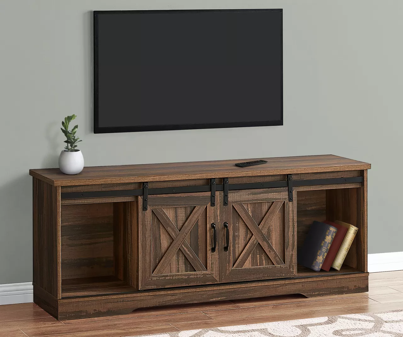 60" Reclaimed Brown Wood Look Sliding Barn Door TV Stand 5 60" Reclaimed Brown Wood Look Sliding Barn Door TV Stand - Image 3