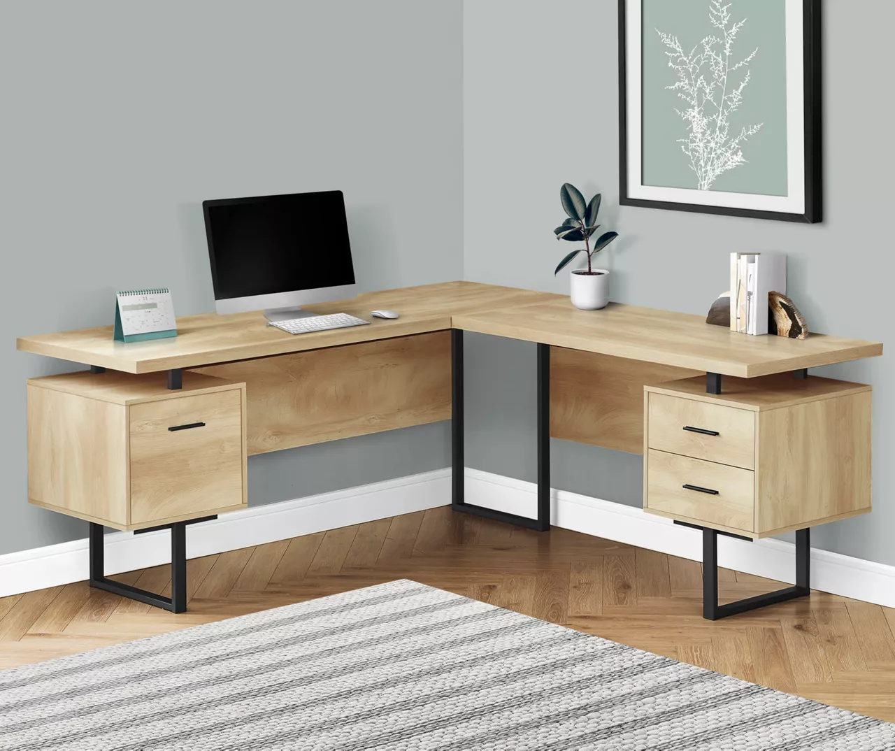 Natural Wood Look 3-Drawer L-Shaped Corner Comptuer Desk 4 Natural Wood Look 3-Drawer L-Shaped Corner Comptuer Desk - Image 2