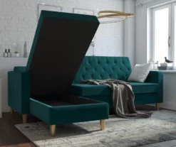 CosmoLiving Liberty Green Velvet Sectional Storage Futon -FurniHub Store 810541026 2