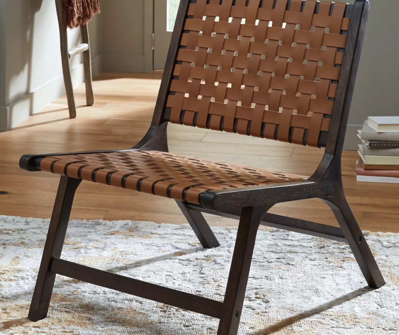 Fayme Camel Armless Leather Woven-Back Lounge Chair 4 Fayme Camel Armless Leather Woven-Back Lounge Chair - Image 2