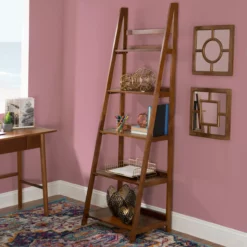 Presley Walnut 5-Shelf Ladder Bookcase -FurniHub Store 810543154 1