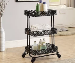 Mabry Black 3-Tier Pierced Floral Rolling Cart 11 Mabry Black 3-Tier Pierced Floral Rolling Cart -FurniHub Store 810543382 2