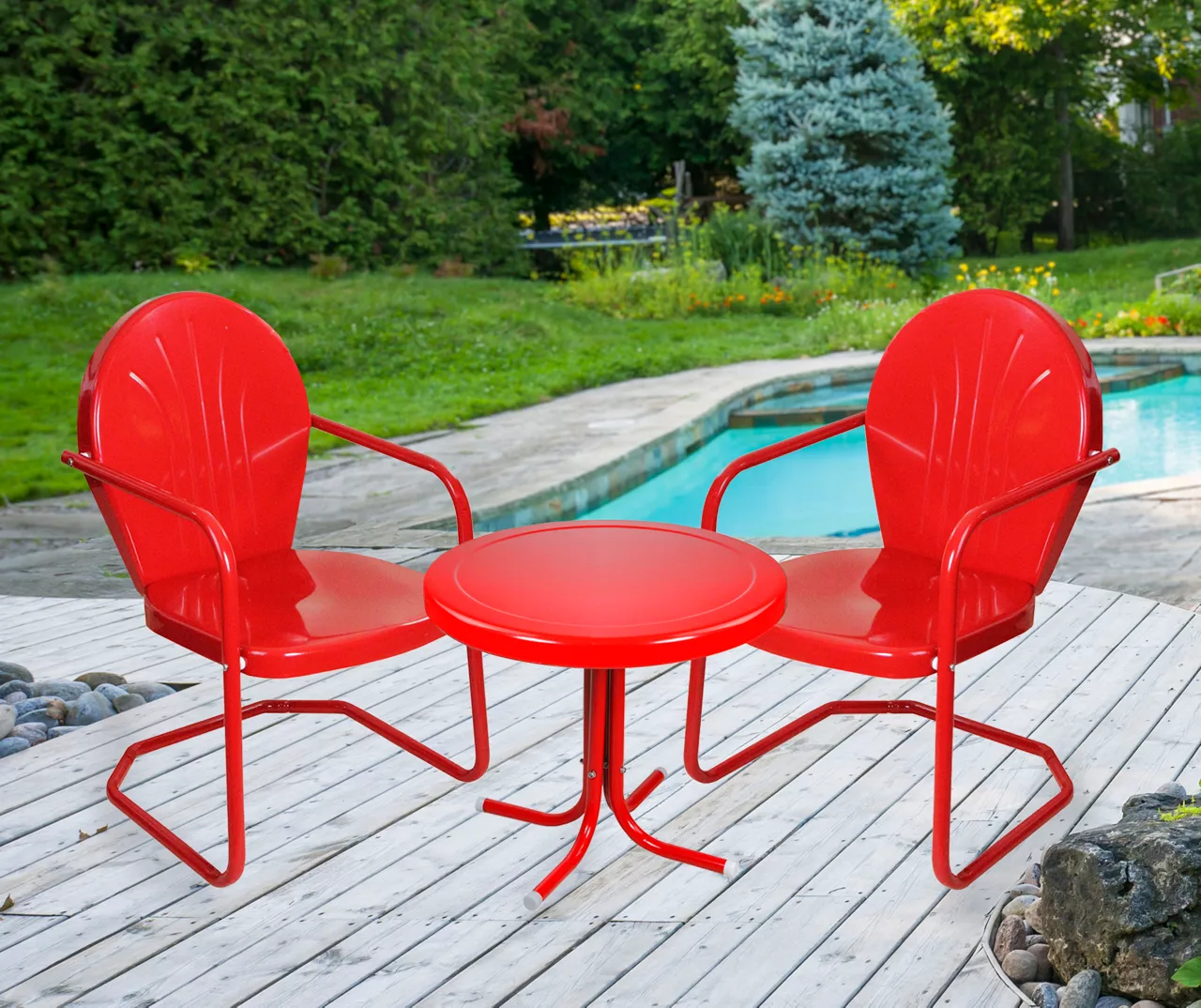 Red 3-Piece Metal Patio Chair & Side Table Set 4 Red 3-Piece Metal Patio Chair & Side Table Set - Image 2